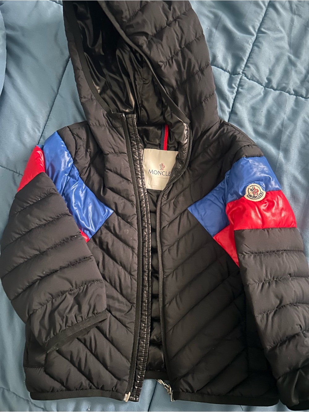 Moncler Black Puffer Jacket with Red & Blue Trim